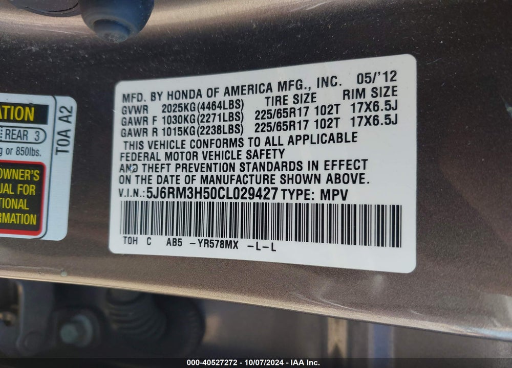 2012 HONDA CR-V EX VIN: 5J6RM3H50CL029427