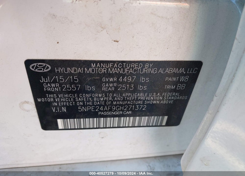 2016 HYUNDAI SONATA SE VIN: 5NPE24AF9GH271372
