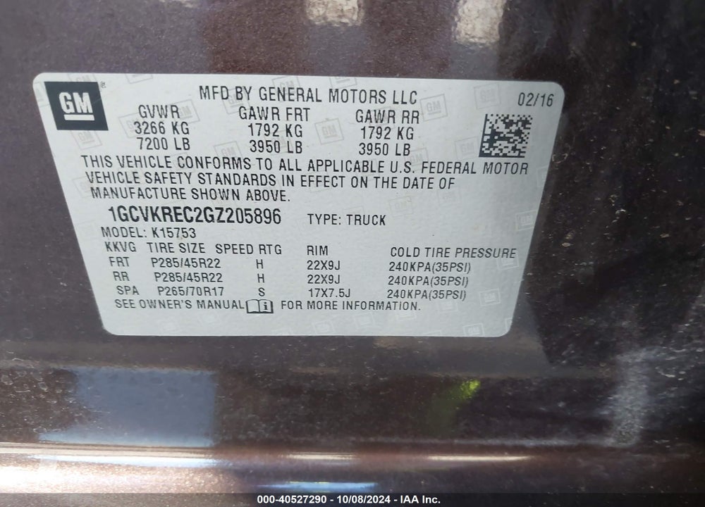 2016 CHEVROLET SILVERADO 1500 2LT VIN: 1GCVKREC2GZ205896