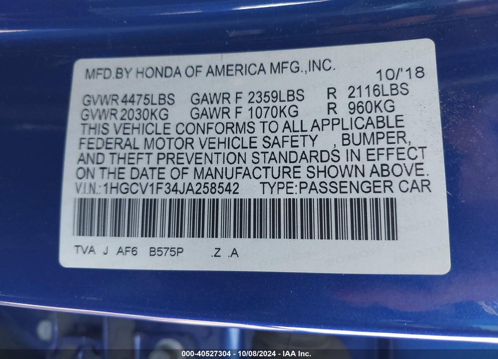 2018 HONDA ACCORD SPORT VIN: 1HGCV1F34JA258542
