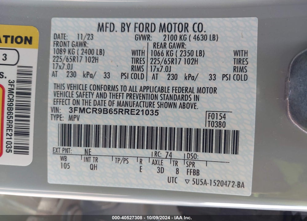 2024 FORD BRONCO SPORT BIG BEND VIN: 3FMCR9B65RRE21035