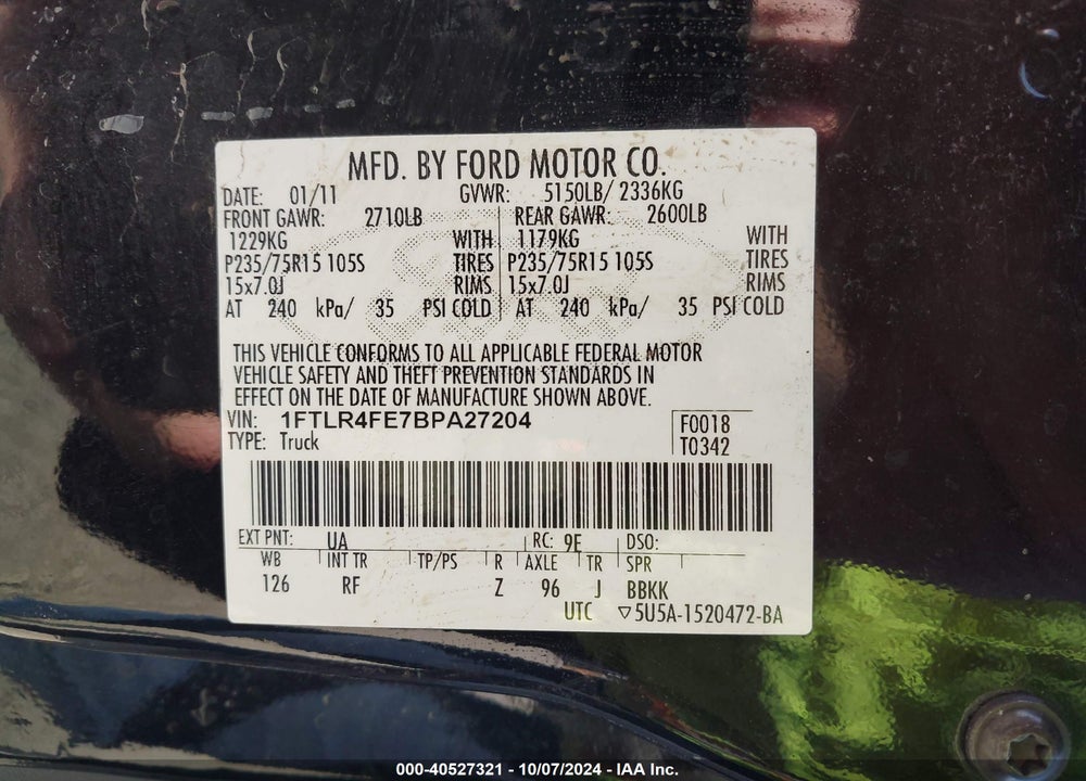 2011 FORD RANGER XLT VIN: 1FTLR4FE7BPA27204