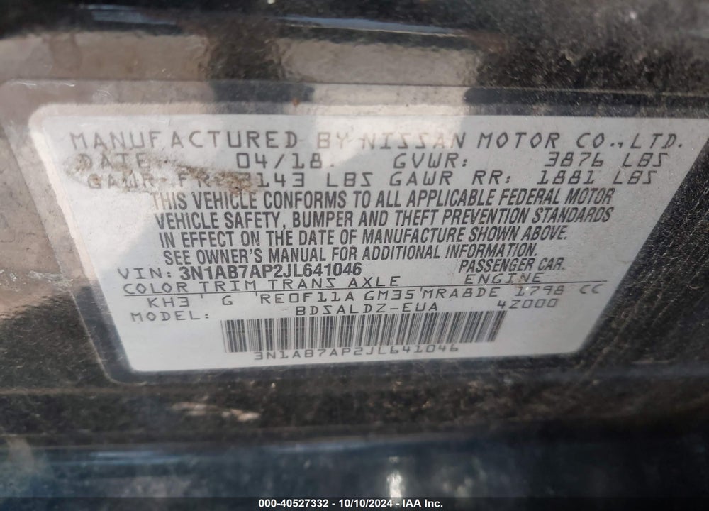 2018 NISSAN SENTRA SV VIN: 3N1AB7AP2JL641046