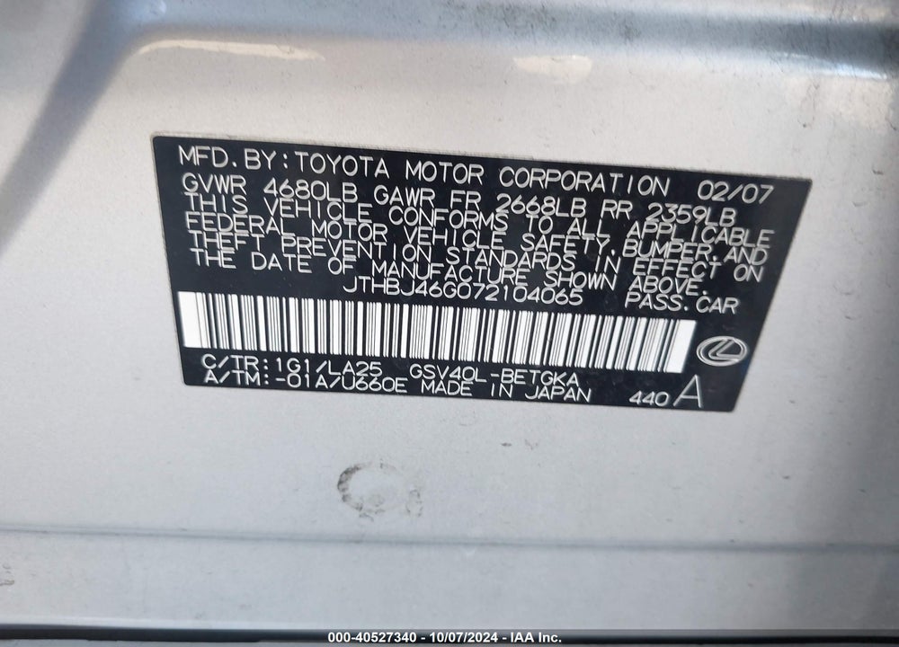 2007 LEXUS ES 350 VIN: JTHBJ46G072104065