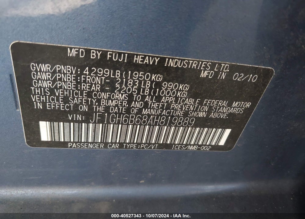 2010 SUBARU IMPREZA 2.5I PREMIUM VIN: JF1GH6B68AH819889