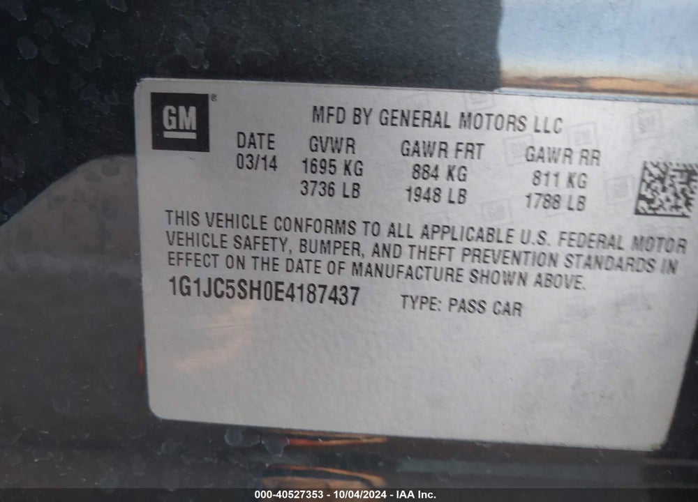 2014 CHEVROLET SONIC LT AUTO VIN: 1G1JC5SH0E4187437
