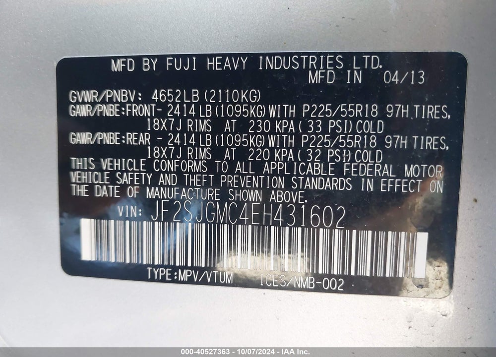 2014 SUBARU FORESTER 2.0XT TOURING VIN: JF2SJGMC4EH431602