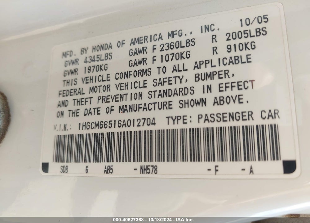 2006 HONDA ACCORD 3.0 EX VIN: 1HGCM66516A012704