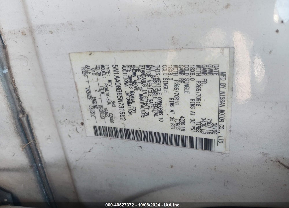 2005 NISSAN ARMADA SE VIN: 5N1AA08B65N731562
