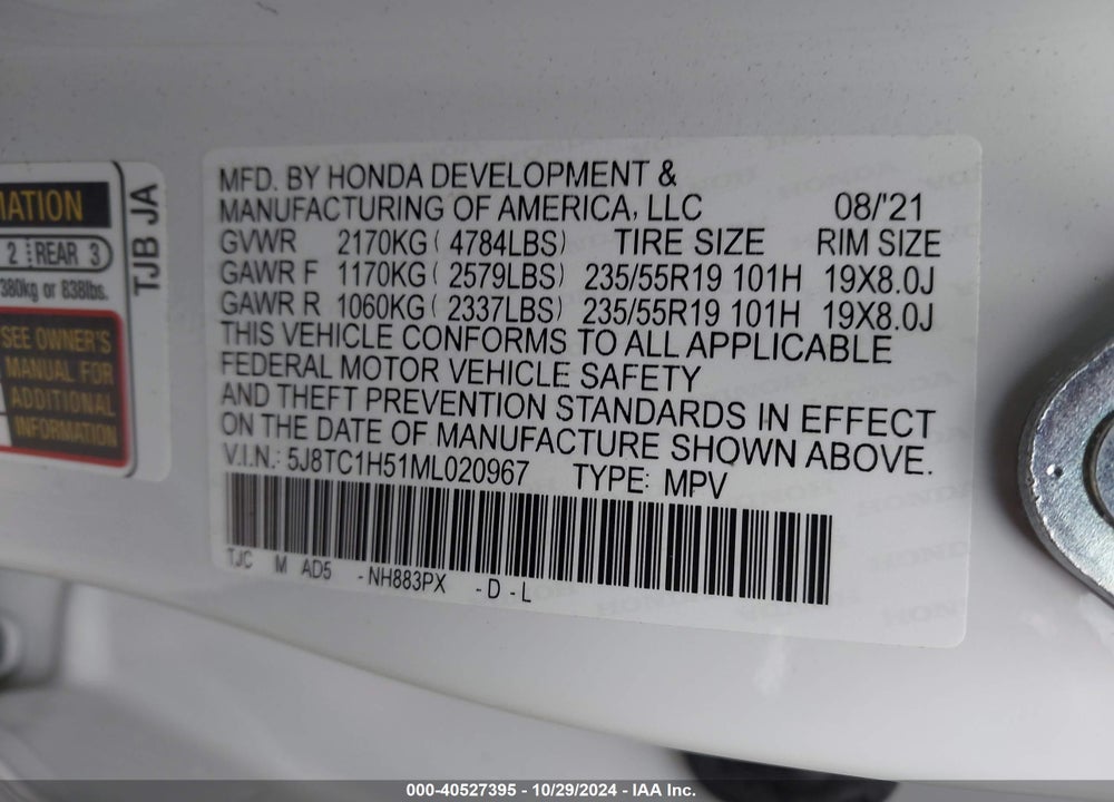 2021 ACURA RDX TECHNOLOGY PACKAGE VIN: 5J8TC1H51ML020967