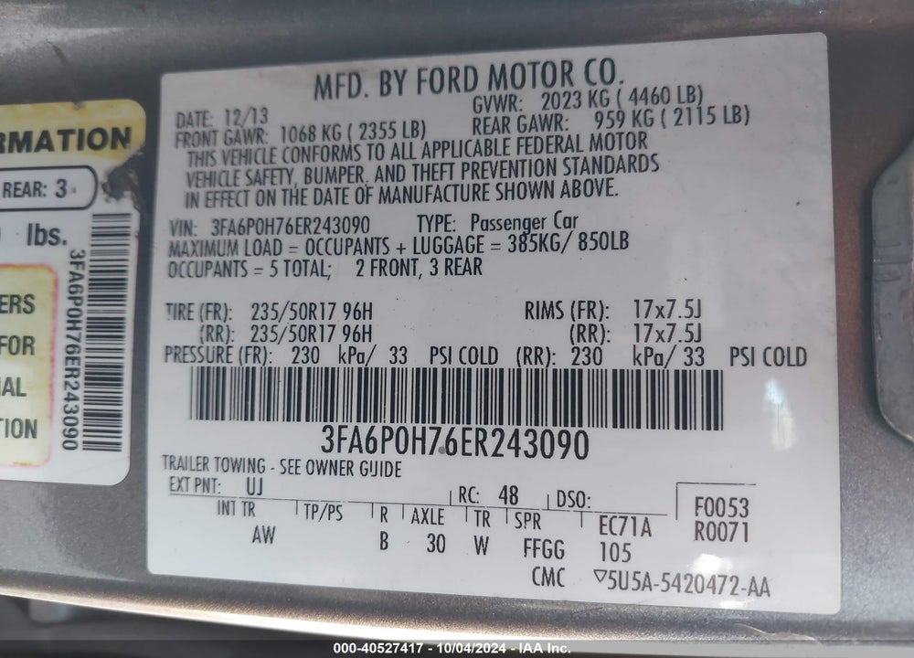 2014 FORD FUSION SE VIN: 3FA6P0H76ER243090