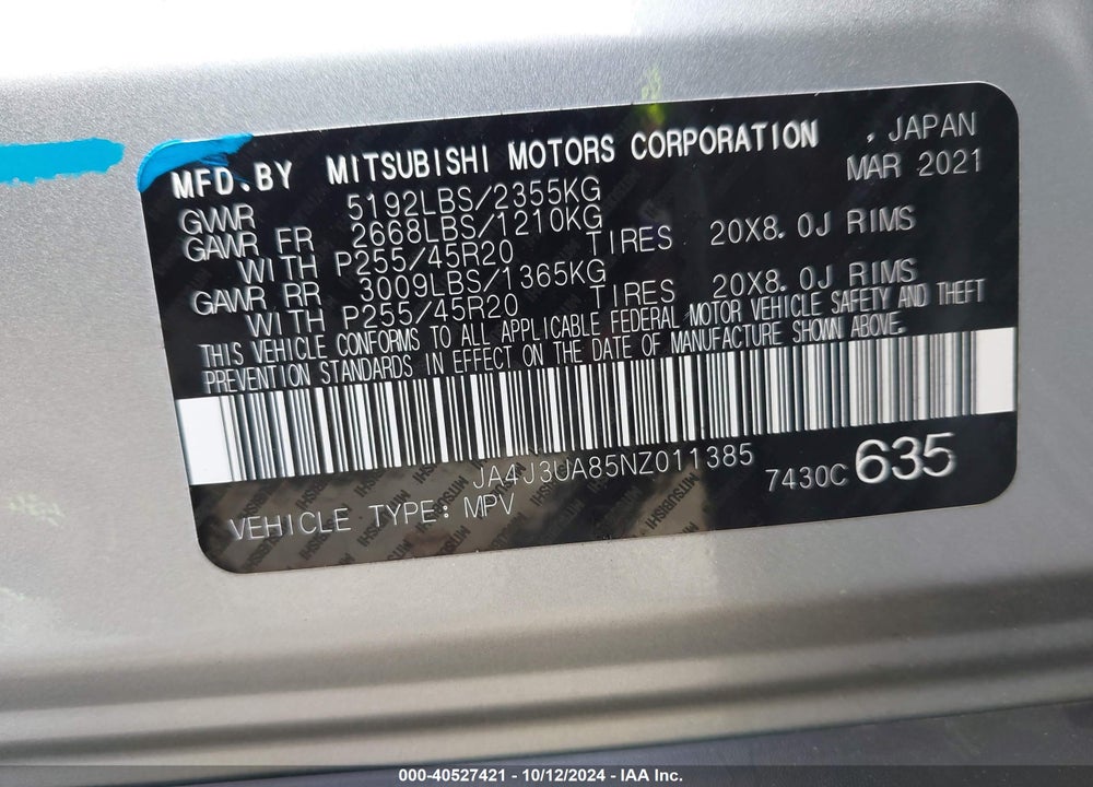 2022 MITSUBISHI OUTLANDER BLACK EDITION 2WD/SE 2.5 2WD/SE LAUNCH EDITION 2WD VIN: JA4J3UA85NZ011385
