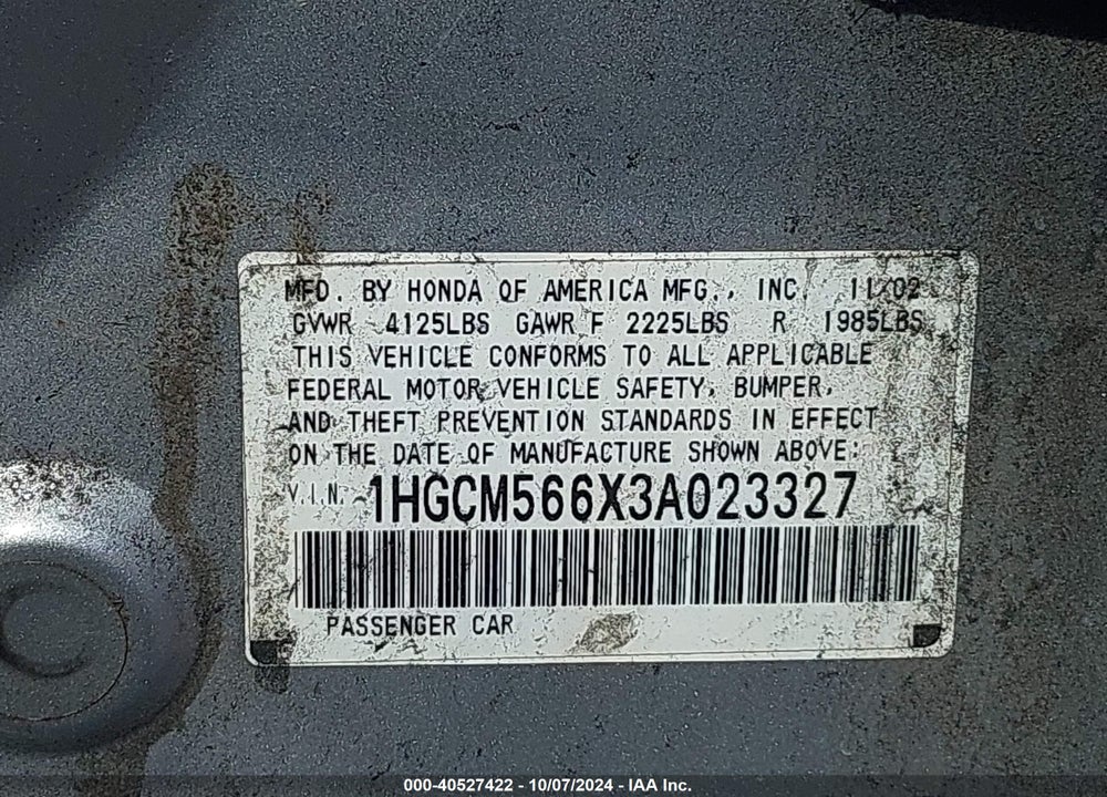 2003 HONDA ACCORD 2.4 EX VIN: 1HGCM566X3A023327