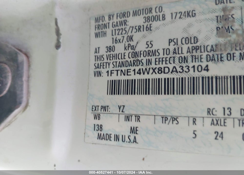 2008 FORD E-150 COMMERCIAL/RECREATIONAL VIN: 1FTNE14WX8DA33104