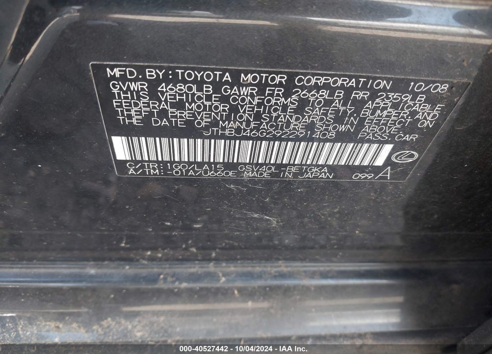 2009 LEXUS ES 350 VIN: JTHBJ46G292291408