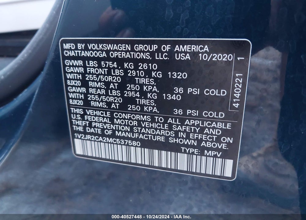 2021 VOLKSWAGEN ATLAS 3.6L V6 SE W/TECHNOLOGY VIN: 1V2JR2CA2MC537580
