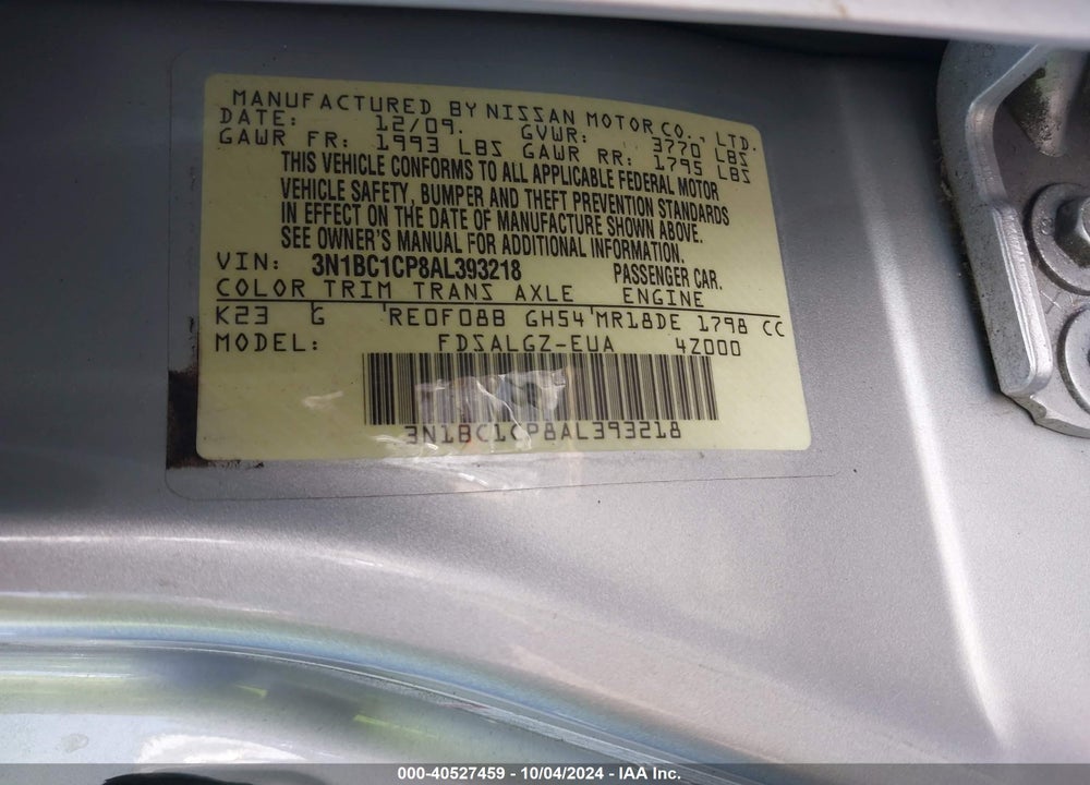 2010 NISSAN VERSA 1.8SL VIN: 3N1BC1CP8AL393218