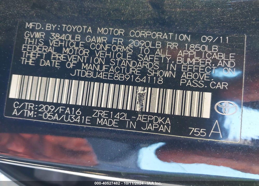 2011 TOYOTA COROLLA VIN: JTDBU4EE8B9164118
