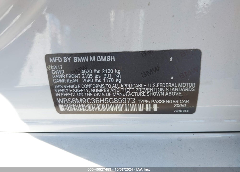 2017 BMW M3 VIN: WBS8M9C36H5G85973