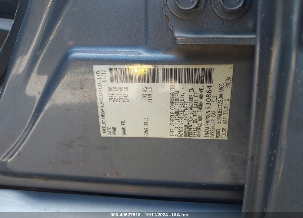 2012 NISSAN ALTIMA 2.5 S VIN: 1N4AL2APXCN530864
