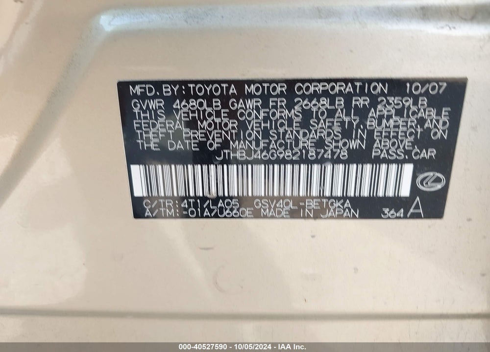 2008 LEXUS ES 350 VIN: JTHBJ46G982187478