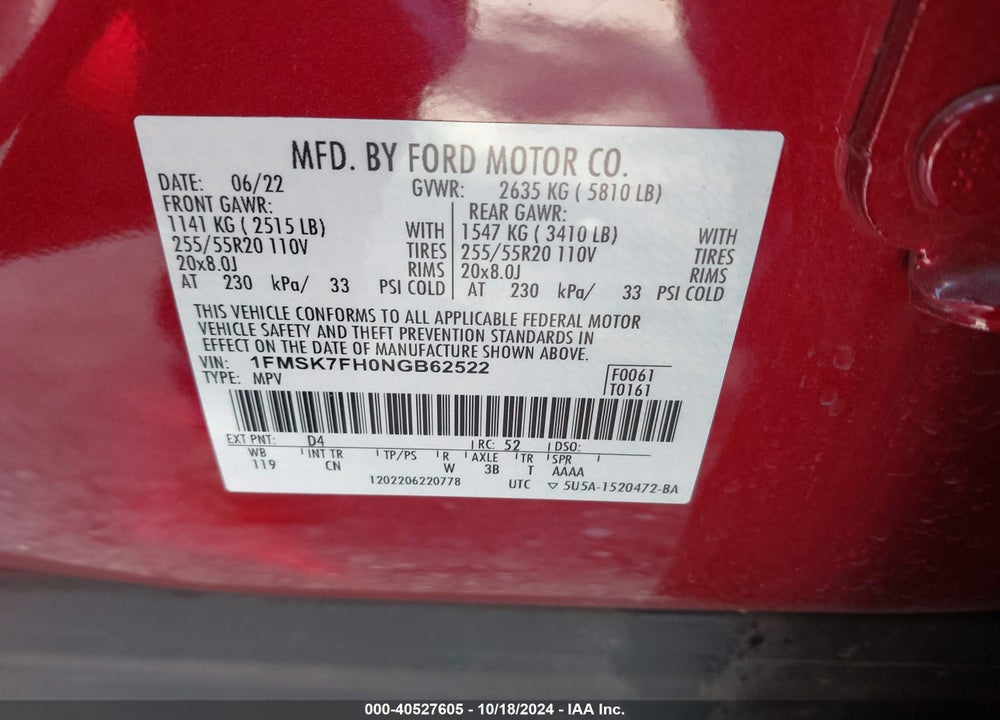 2022 FORD EXPLORER LIMITED VIN: 1FMSK7FH0NGB62522