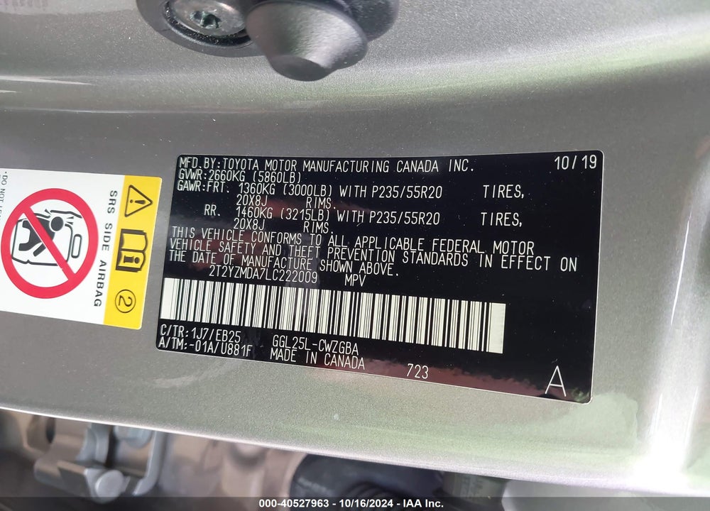 2020 LEXUS RX 350 F SPORT PERFORMANCE VIN: 2T2YZMDA7LC222009