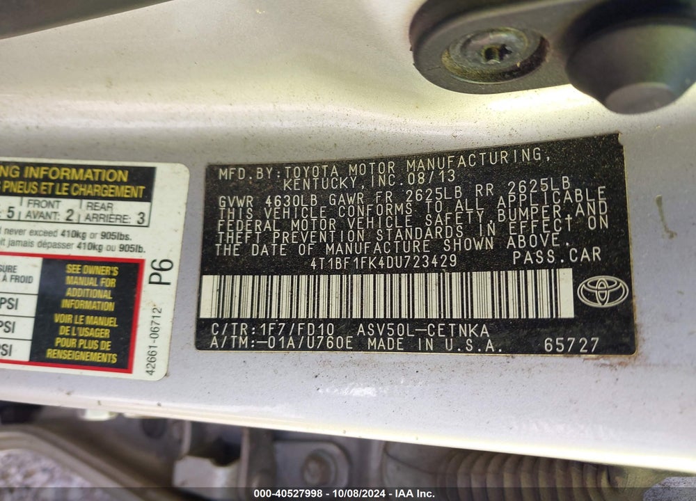 2013 TOYOTA CAMRY LE VIN: 4T1BF1FK4DU723429