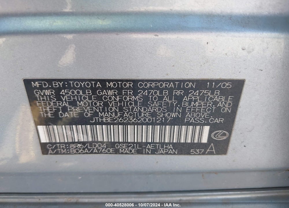 2006 LEXUS IS 350 VIN: JTHBE262362001217