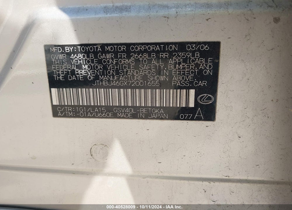 2007 LEXUS ES 350 VIN: JTHBJ46GX72001655