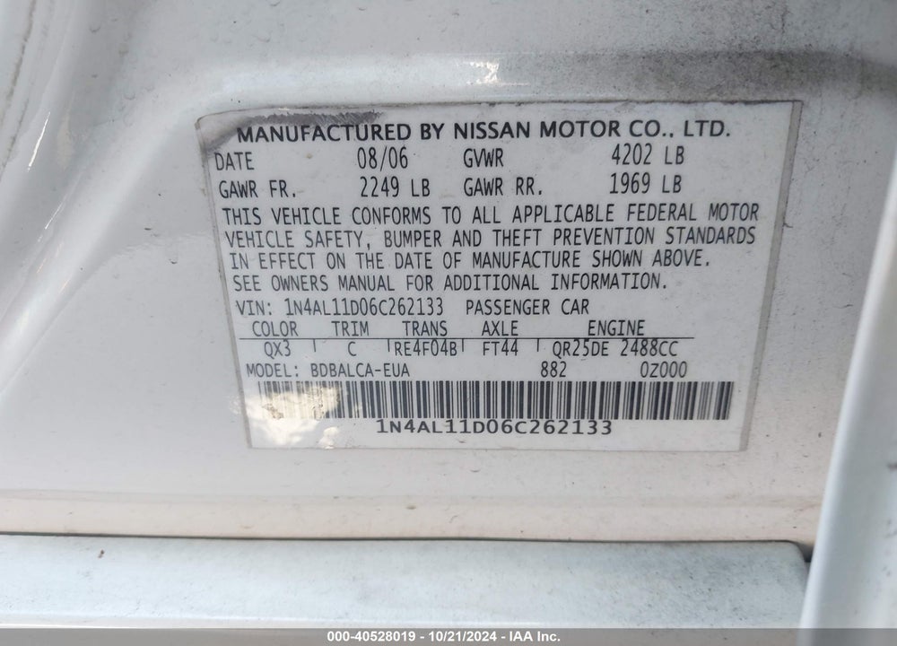2006 NISSAN ALTIMA 2.5 S VIN: 1N4AL11D06C262133