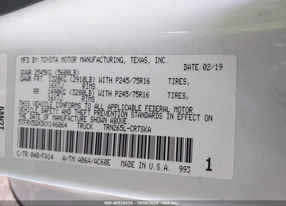 2019 TOYOTA TACOMA SR VIN: 5TFRX5GN3KX146064