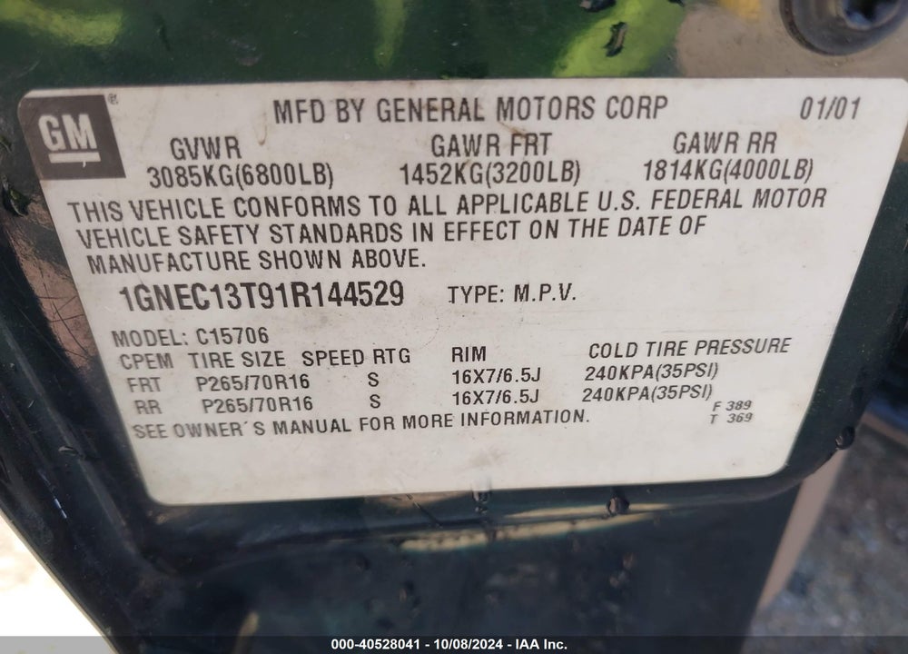 2001 CHEVROLET TAHOE LT VIN: 1GNEC13T91R144529