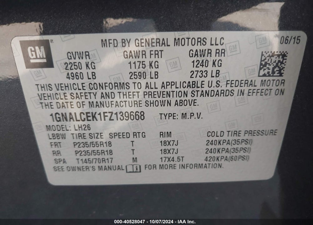 2015 CHEVROLET EQUINOX 2LT VIN: 1GNALCEK1FZ139668