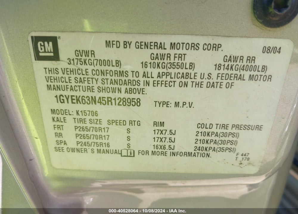 2005 CADILLAC ESCALADE STANDARD VIN: 1GYEK63N45R128958