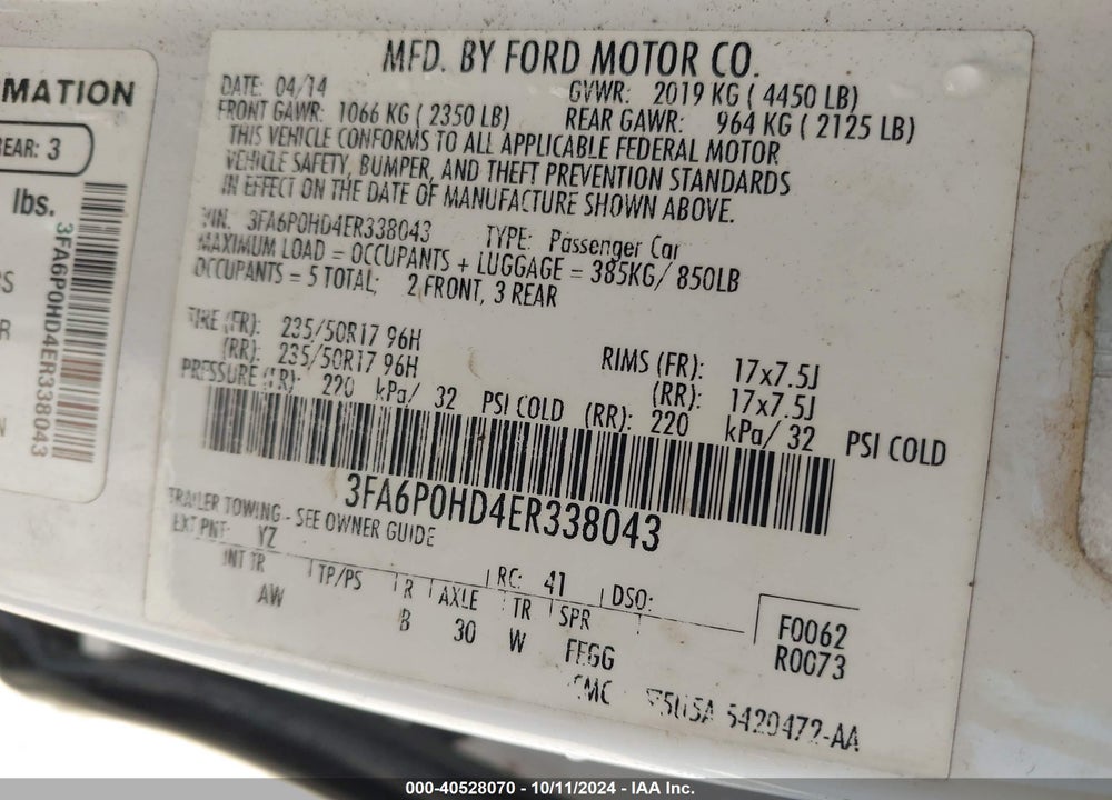 2014 FORD FUSION SE VIN: 3FA6P0HD4ER338043