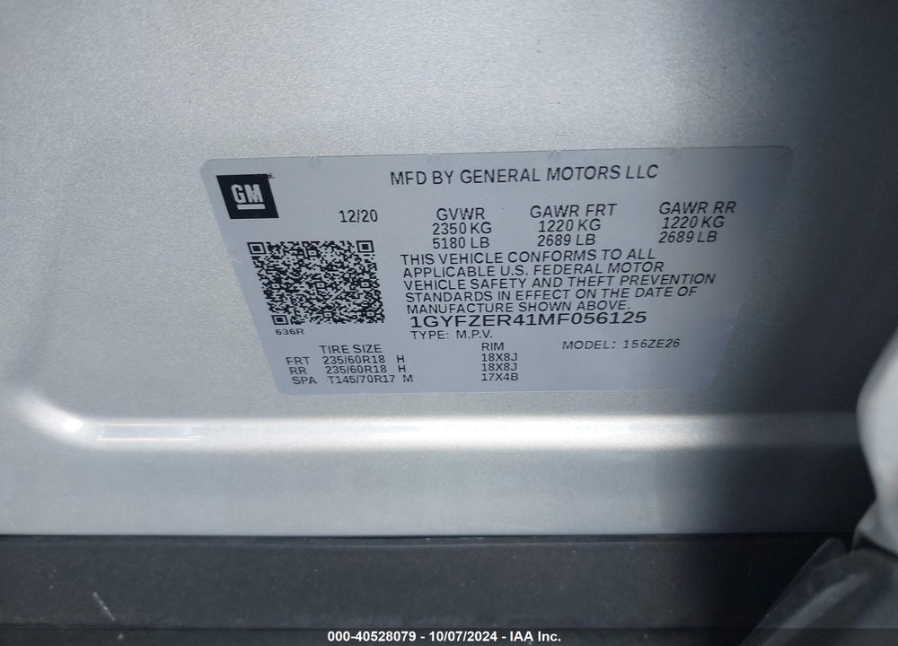 2021 CADILLAC XT4 FWD SPORT VIN: 1GYFZER41MF056125