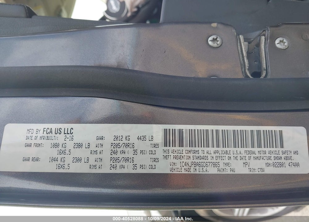 2016 JEEP PATRIOT SPORT VIN: 1C4NJPBA6GD677865