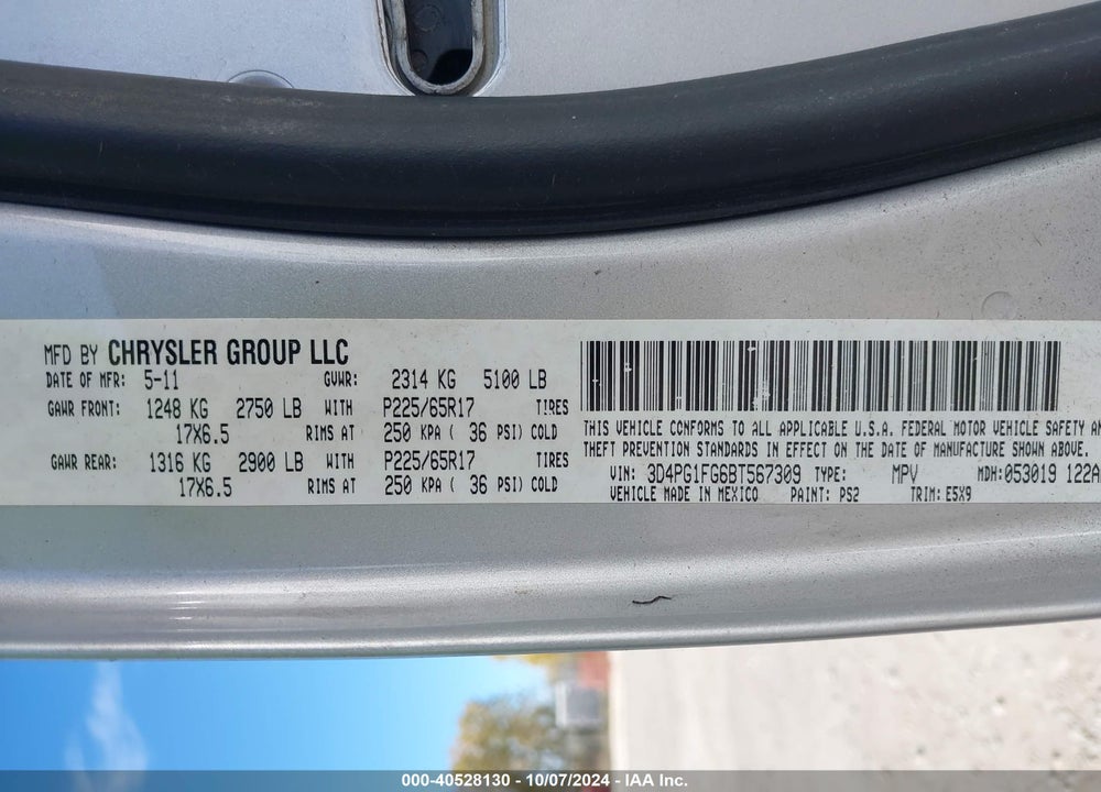 2011 DODGE JOURNEY MAINSTREET VIN: 3D4PG1FG6BT567309