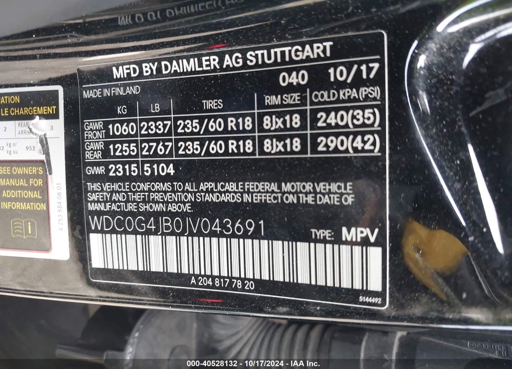 2018 MERCEDES-BENZ GLC 300 VIN: WDC0G4JB0JV043691