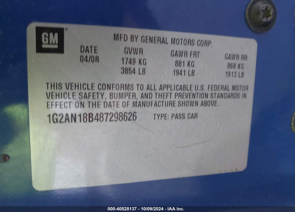 2008 PONTIAC G5 GT VIN: 1G2AN18B487298626