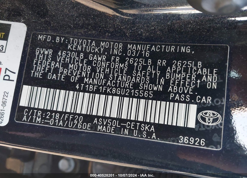 2016 TOYOTA CAMRY SE VIN: 4T1BF1FK8GU215565