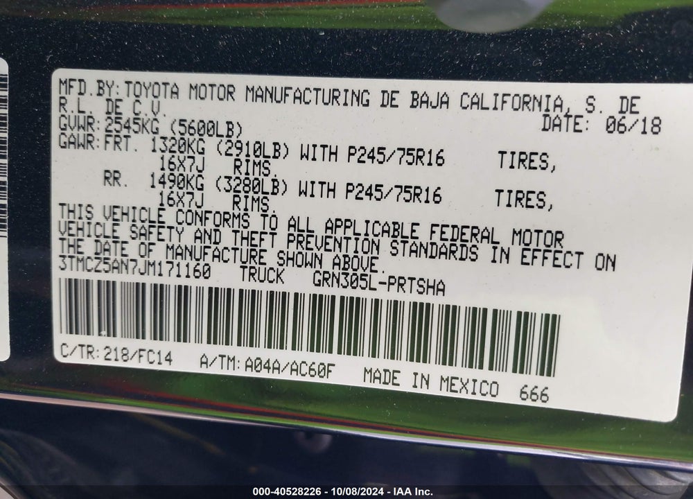 2018 TOYOTA TACOMA SR5 V6 VIN: 3TMCZ5AN7JM171160