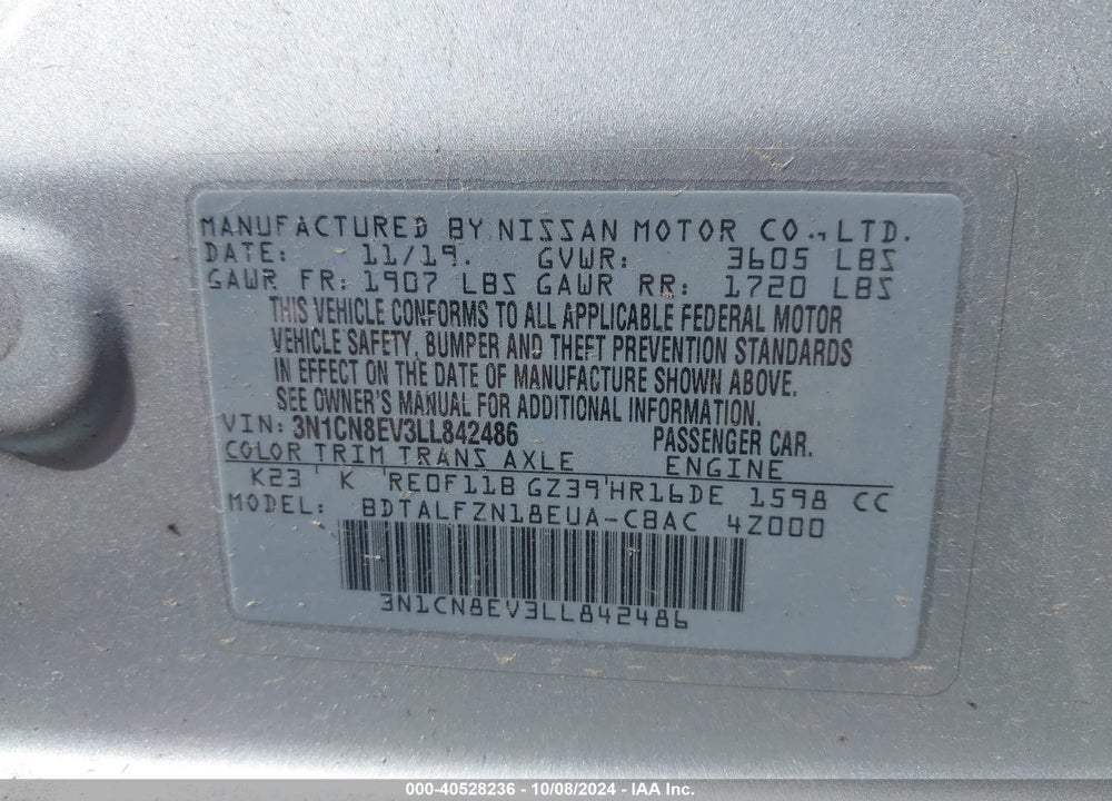 2020 NISSAN VERSA SV XTRONIC CVT VIN: 3N1CN8EV3LL842486