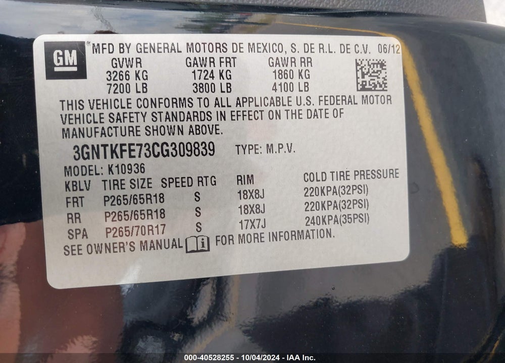 2012 CHEVROLET AVALANCHE 1500 LT1 VIN: 3GNTKFE73CG309839