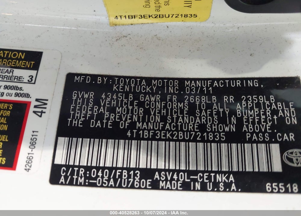 2011 TOYOTA CAMRY VIN: 4T1BF3EK2BU721835