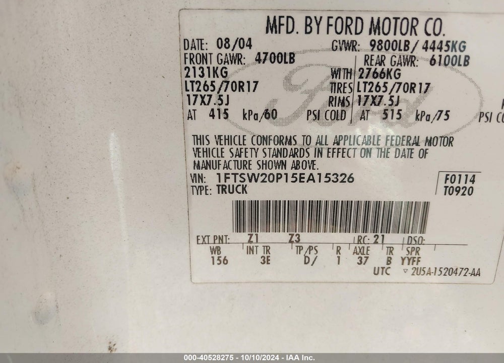 2005 FORD F-250 LARIAT/XL/XLT VIN: 1FTSW20P15EA15326