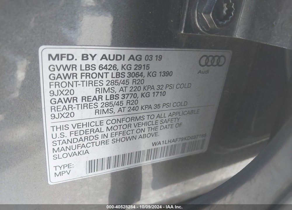 2019 AUDI Q7 45 PREMIUM VIN: WA1LHAF79KD037165