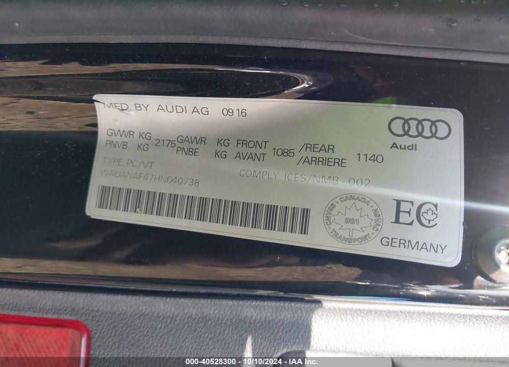2017 AUDI A4 2.0T PREMIUM VIN: WAUANAF47HN040738