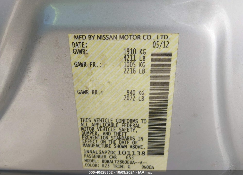 2013 NISSAN ALTIMA 2.5 SV VIN: 1N4AL3AP2DC101138